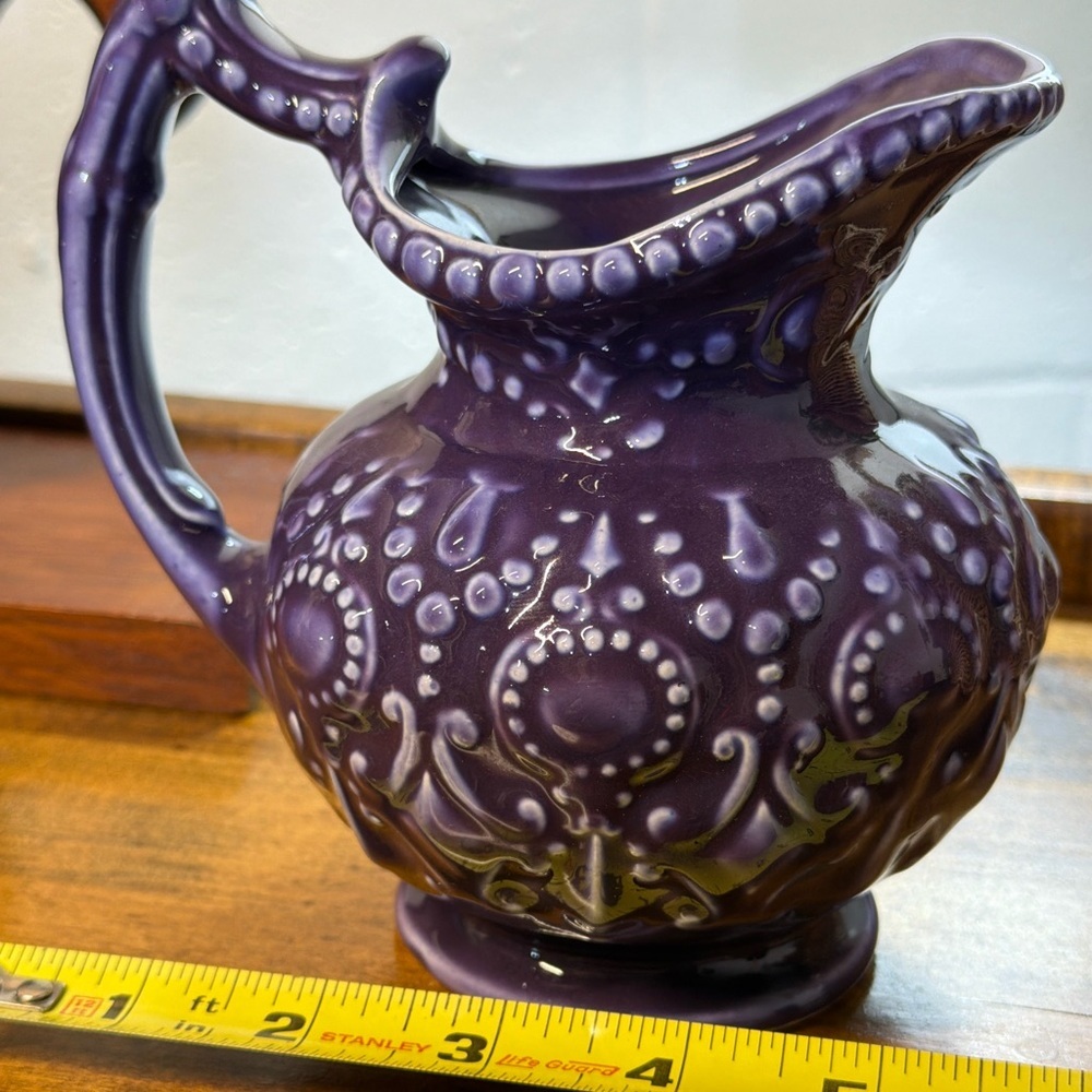 Camark Pottery Pitcher Embossed Ornate Purple Baroque Style Vintage - Picture 5 of 12